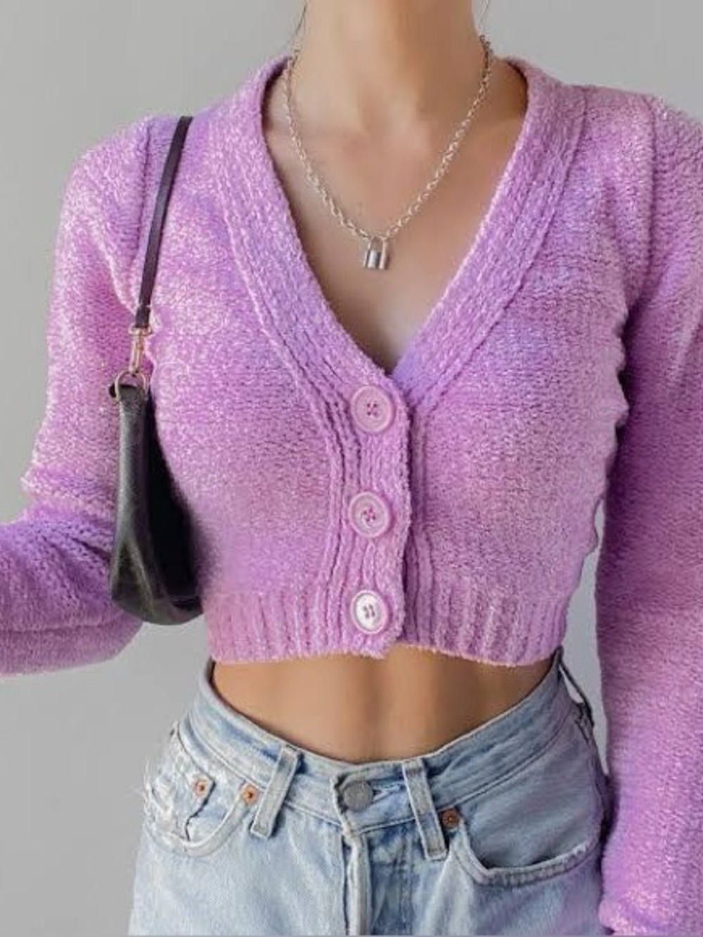Urban Outfitters Light Purple Chenille Cropped Fuzzy Cardigan Sweater Small